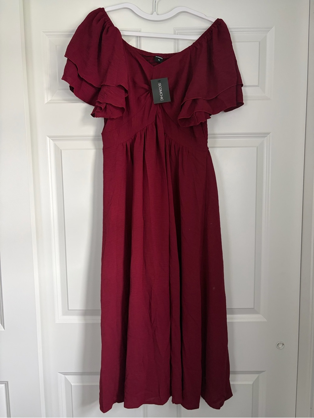 Burgundy Off-Shoulder Ruffle Midi Dress